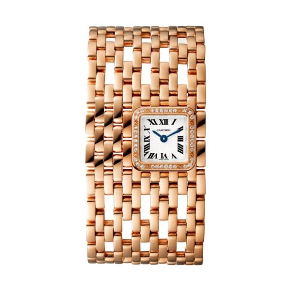 Cartier Panthère de Cartier cuff watch quartz movement. 18K rose gold case and bracelet set with brilliant-cut diamonds. WJPN0022